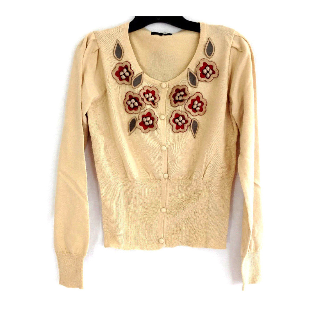 Ryu Cardigan Sweater Beige Burgundy Satin Floral